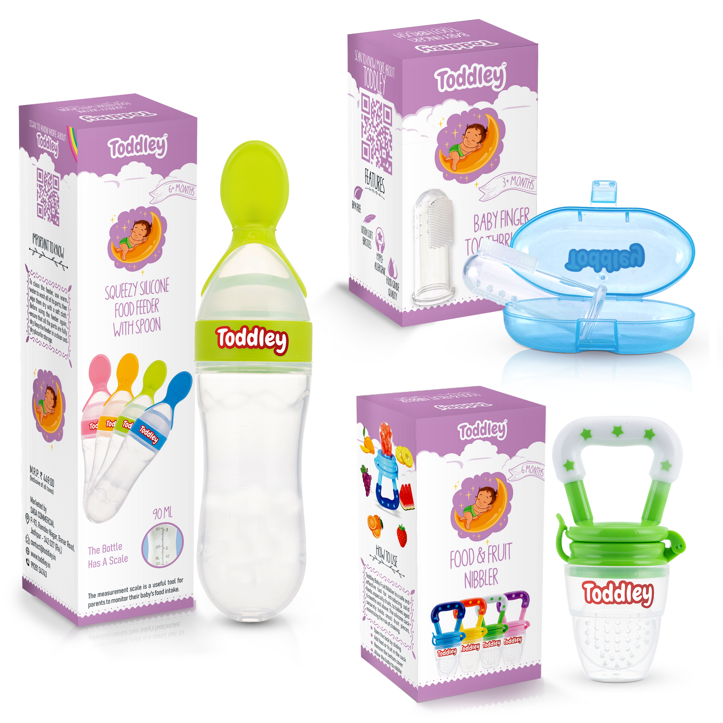 3 in 1 Combo - Spoon Food Feeder + Fruit Nibbler + Finger Brush - For 6+ Months - Multicolor