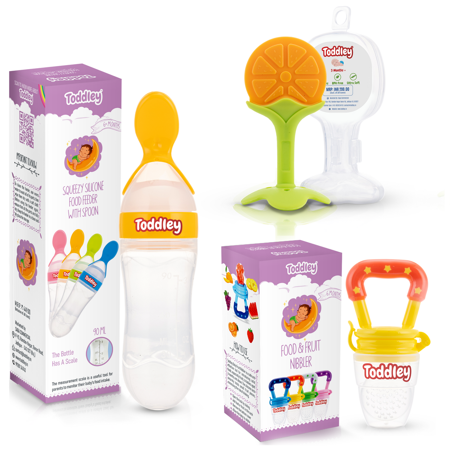 3 in 1 Combo - Spoon Food Feeder + Fruit Nibbler + Teether - For 6+ Months - Multicolor