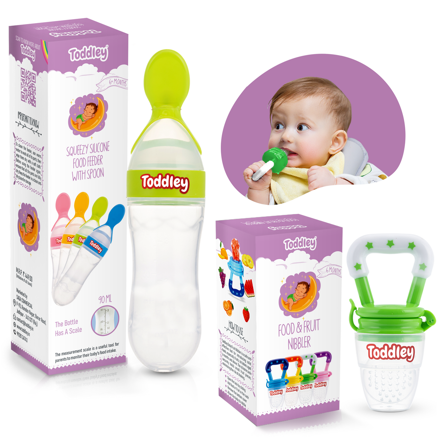 2 in 1 Combo - Spoon Food Feeder + Fruit Nibbler - For 6+ Months - Multicolor