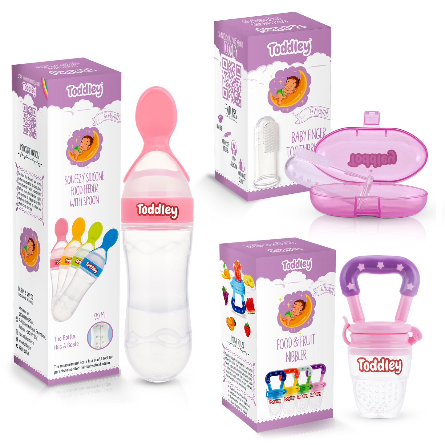 3 in 1 Combo - Spoon Food Feeder + Fruit Nibbler + Finger Brush - For 6+ Months - Multicolor