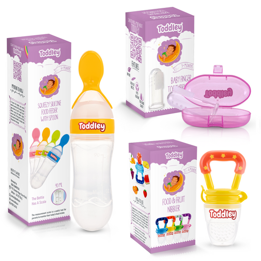 3 in 1 Combo - Spoon Food Feeder + Fruit Nibbler + Finger Brush - For 6+ Months - Multicolor