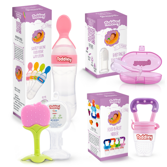 4 in 1 Combo - Spoon Food Feeder + Fruit Nibbler + Teether + Finger Brush - For 6+ Months - Multicolor