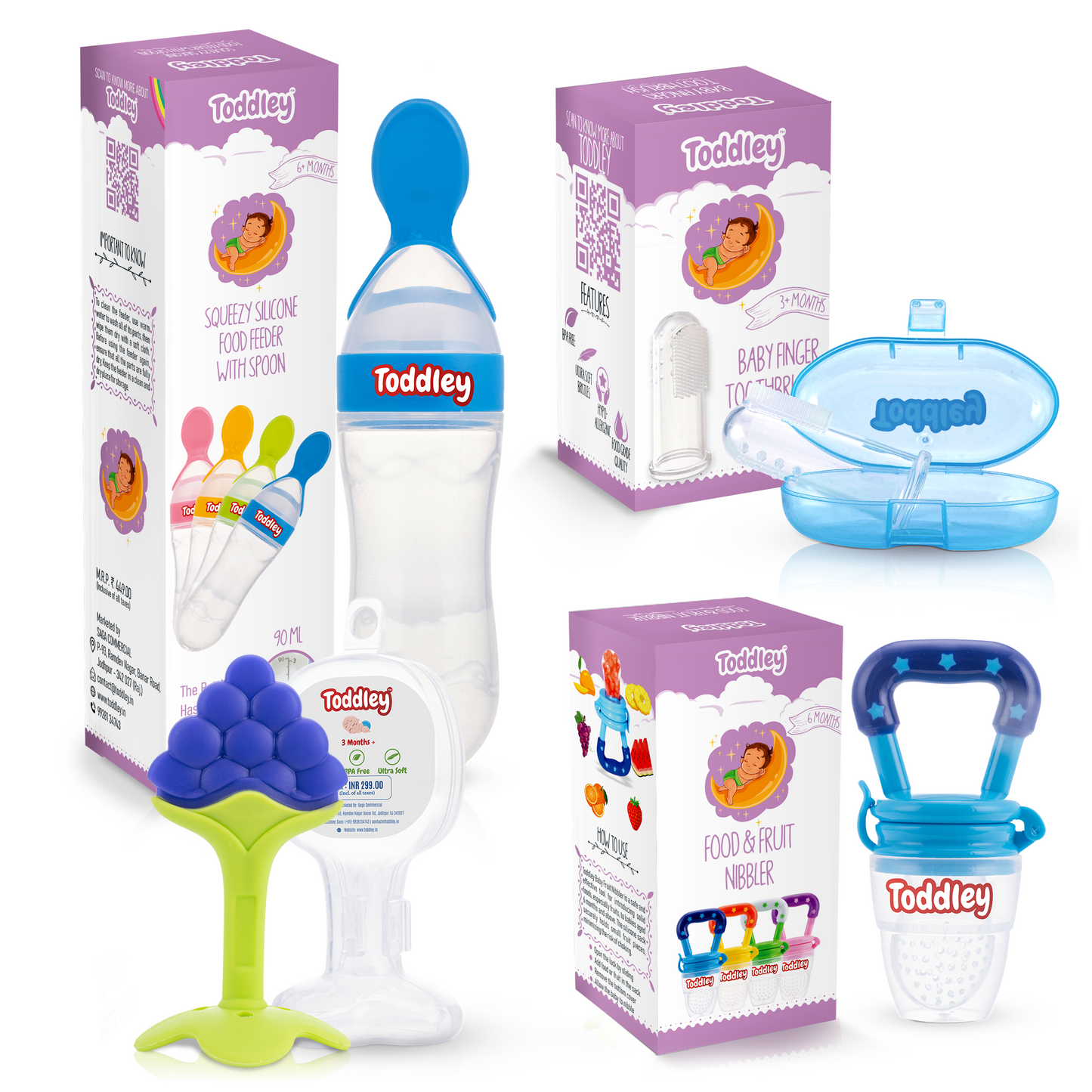 4 in 1 Combo - Spoon Food Feeder + Fruit Nibbler + Teether + Finger Brush - For 6+ Months - Multicolor