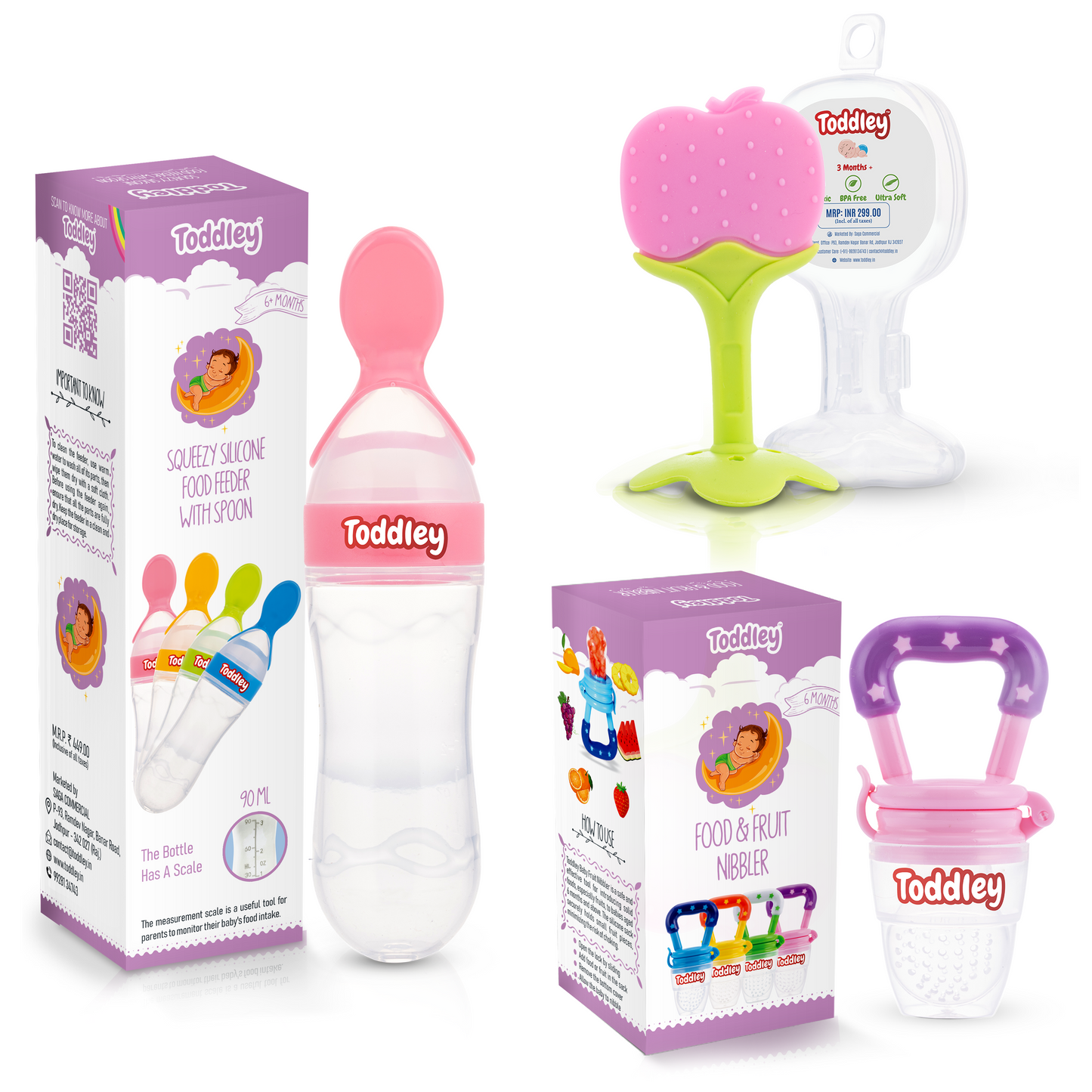 3 in 1 Combo - Spoon Food Feeder + Fruit Nibbler + Teether - For 6+ Months - Multicolor