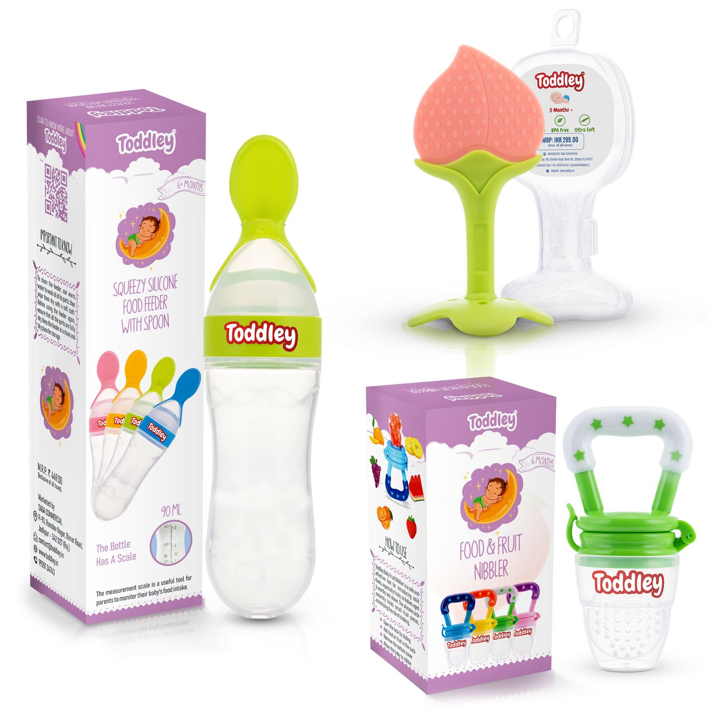 3 in 1 Combo - Spoon Food Feeder + Fruit Nibbler + Teether - For 6+ Months - Multicolor