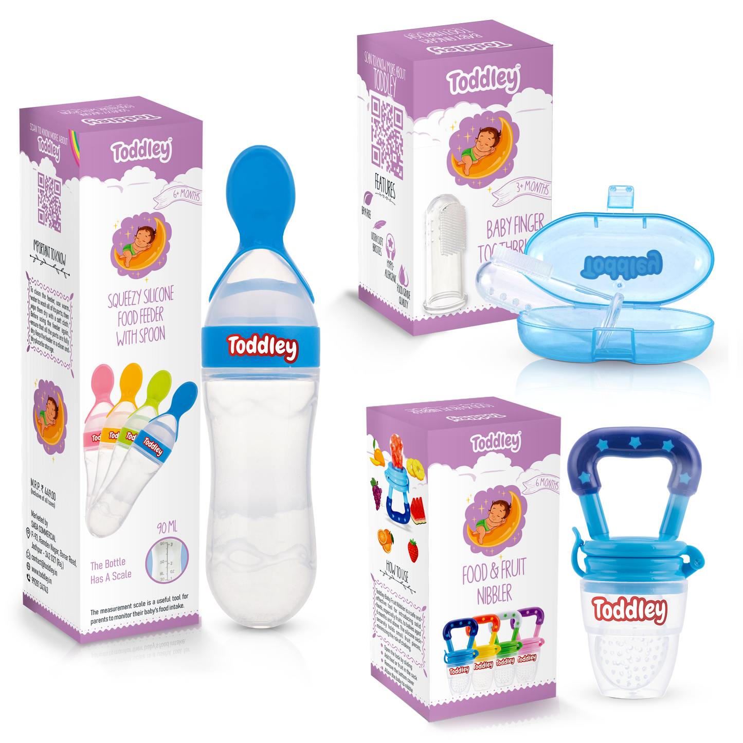 3 in 1 Combo - Spoon Food Feeder + Fruit Nibbler + Finger Brush - For 6+ Months - Multicolor