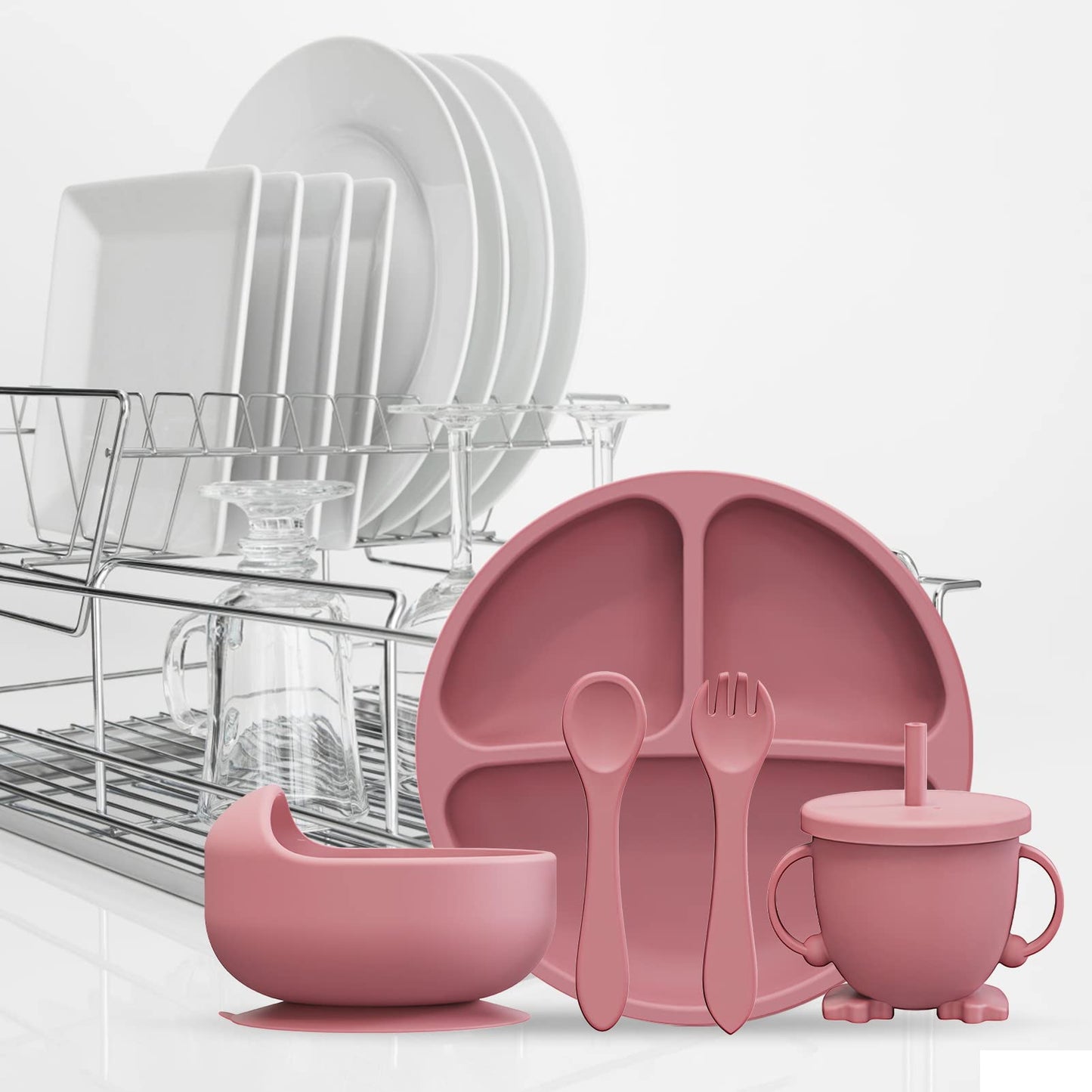 BPA Free Silicone Baby Feeding Set – 6-Piece Toddler Dinnerware with Bib, Plate, Bowl, Spoon | Non-Toxic Kids Utensils + Free Finger Brush