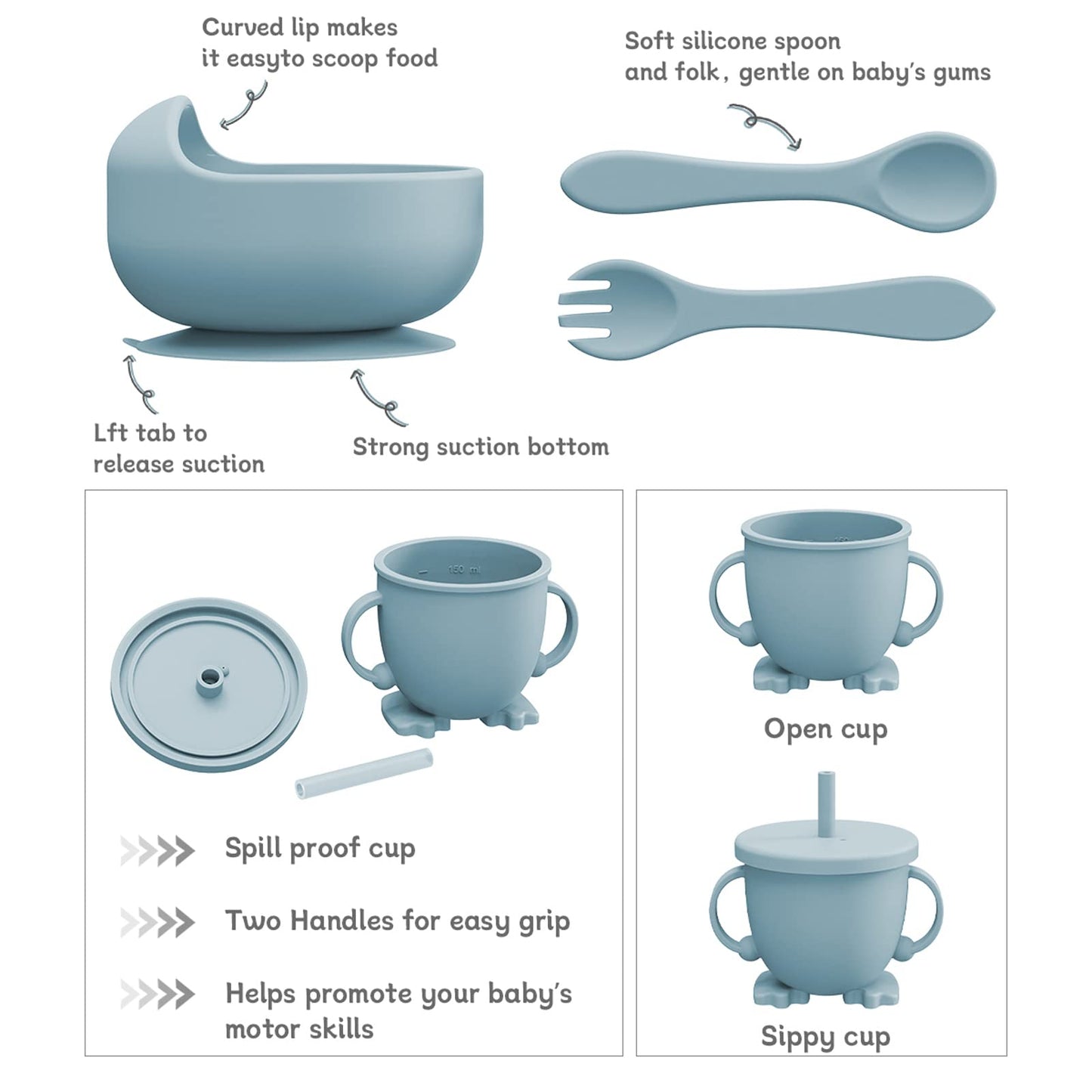 BPA Free Silicone Baby Feeding Set – 6-Piece Toddler Dinnerware with Bib, Plate, Bowl, Spoon | Non-Toxic Kids Utensils + Free Finger Brush