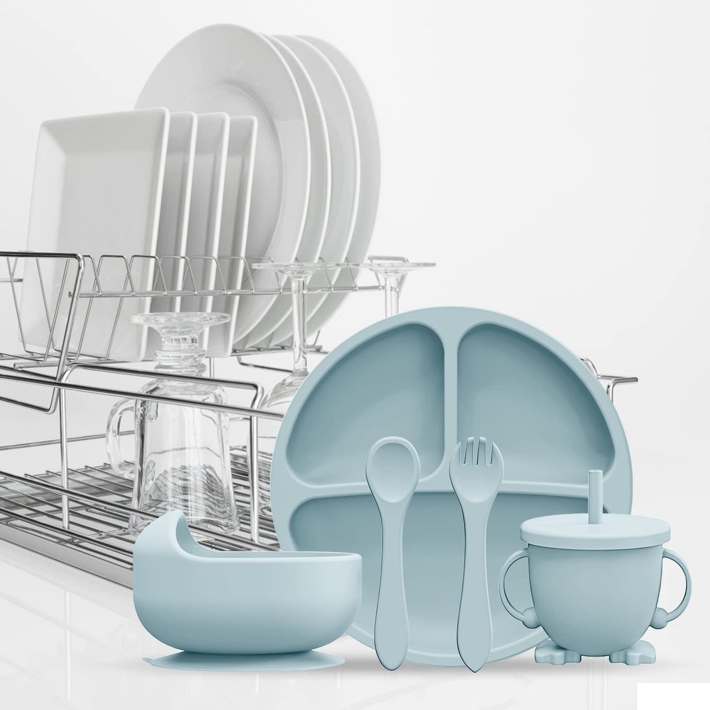 BPA Free Silicone Baby Feeding Set – 6-Piece Toddler Dinnerware with Bib, Plate, Bowl, Spoon | Non-Toxic Kids Utensils + Free Finger Brush