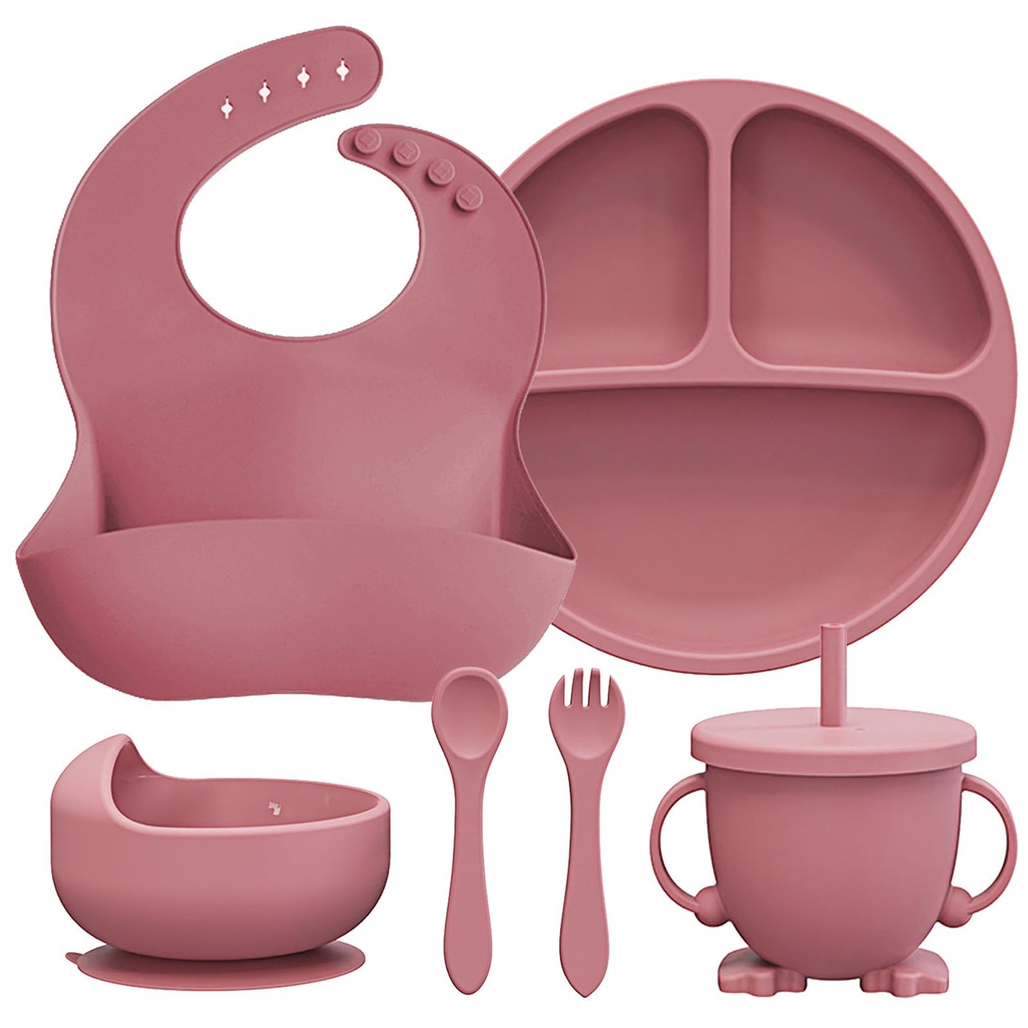 BPA Free Silicone Baby Feeding Set – 6-Piece Toddler Dinnerware with Bib, Plate, Bowl, Spoon | Non-Toxic Kids Utensils + Free Finger Brush