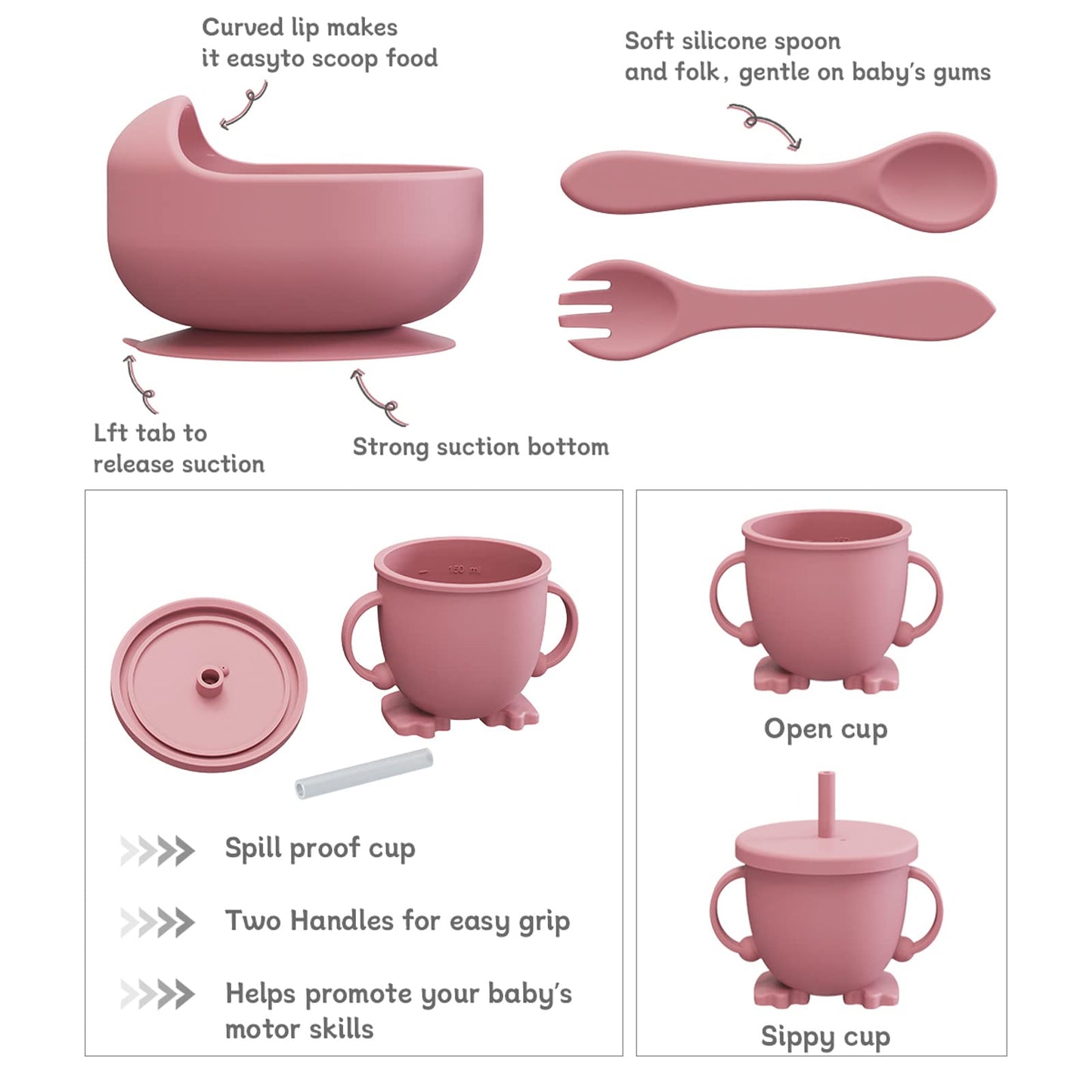 BPA Free Silicone Baby Feeding Set – 6-Piece Toddler Dinnerware with Bib, Plate, Bowl, Spoon | Non-Toxic Kids Utensils + Free Finger Brush