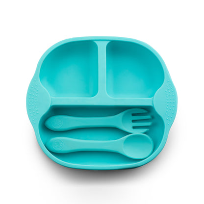 Silicone Feeding Plate with Fork & Spoon with Suction for 6+ Months