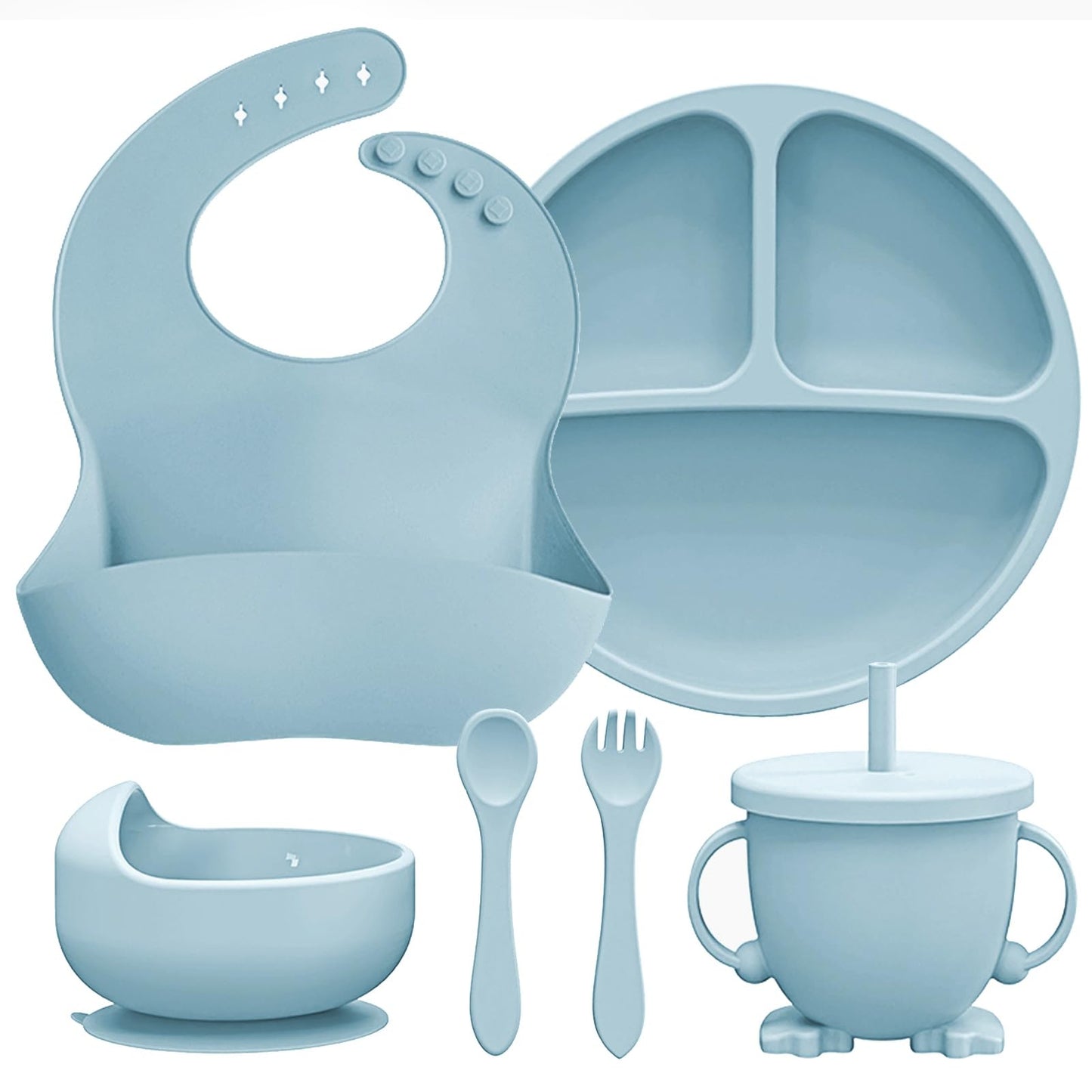 BPA Free Silicone Baby Feeding Set – 6-Piece Toddler Dinnerware with Bib, Plate, Bowl, Spoon | Non-Toxic Kids Utensils + Free Finger Brush